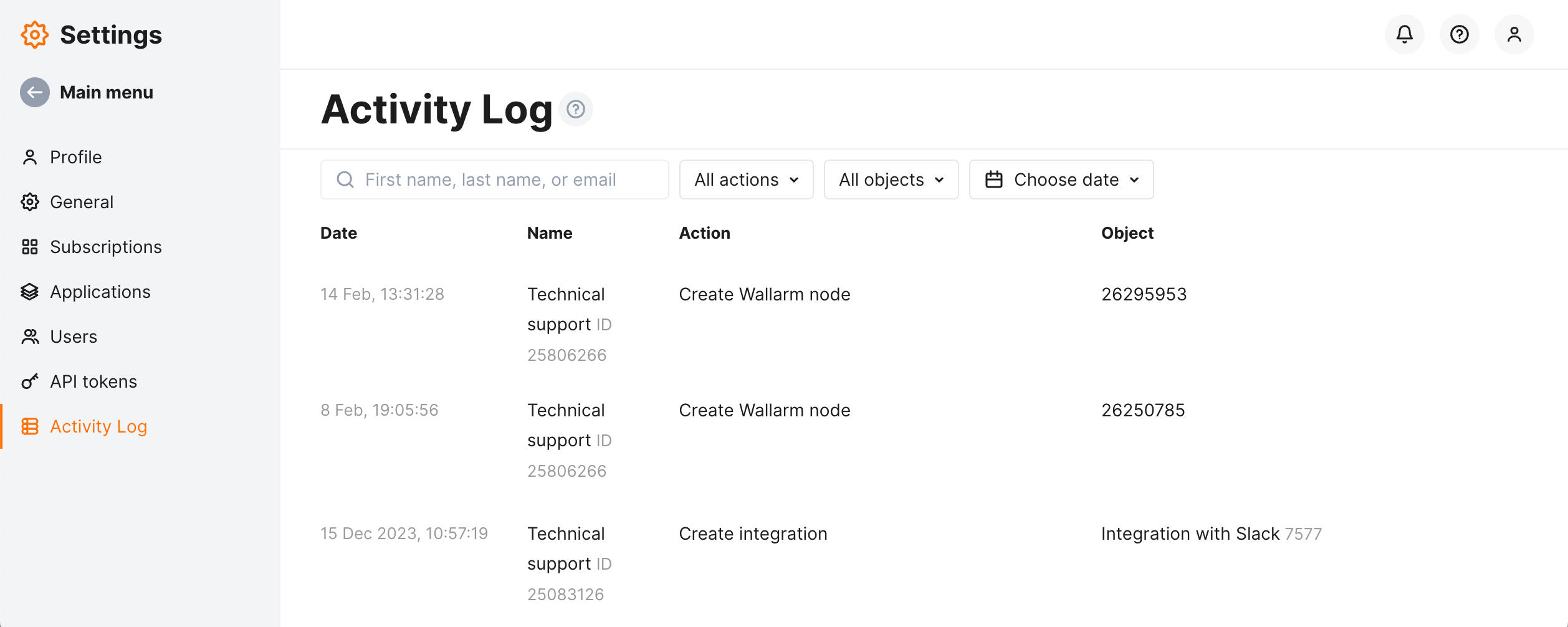 Activity log